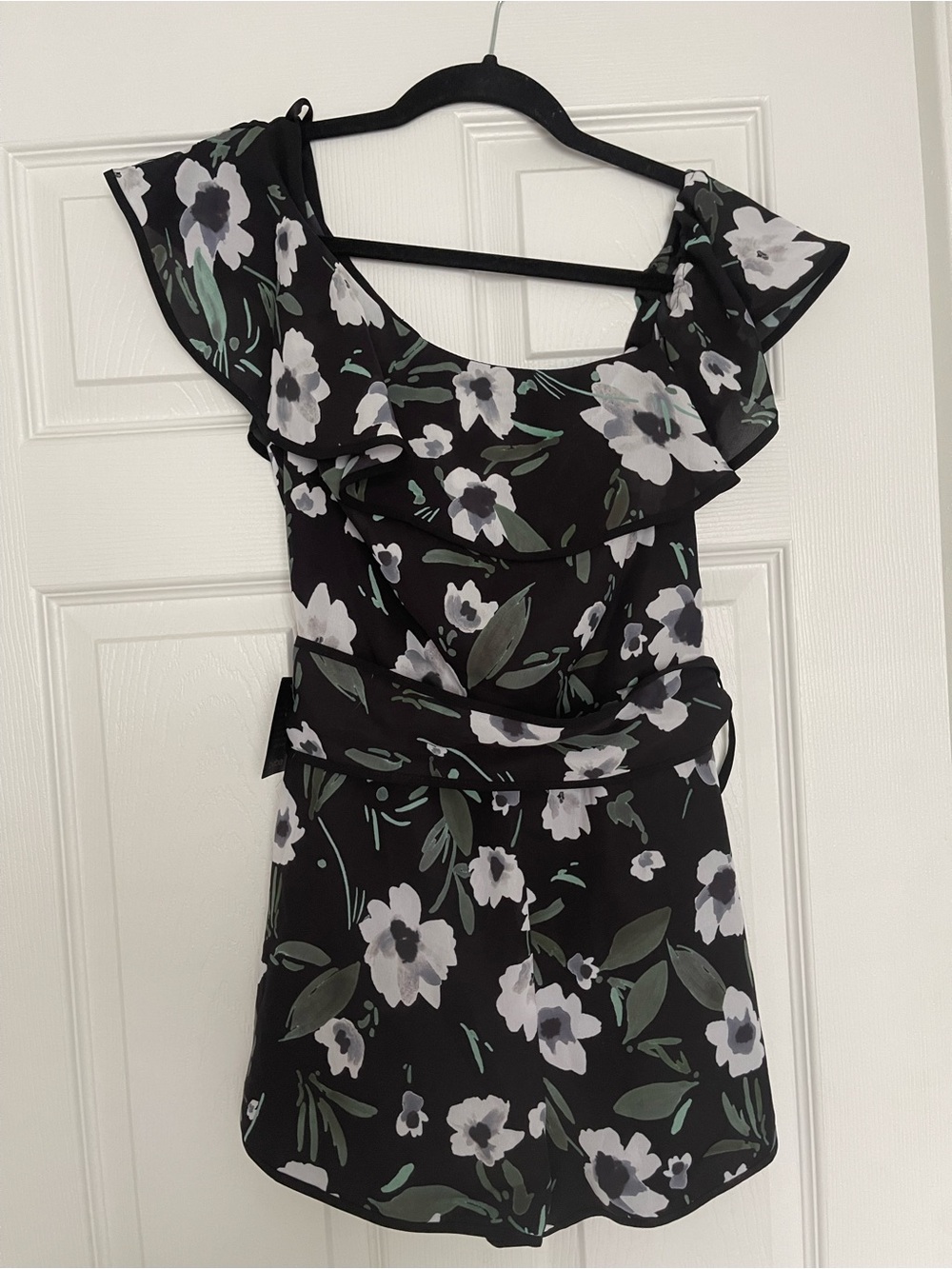 bebe Black Floral Off-Shoulder Romper with Ruffle